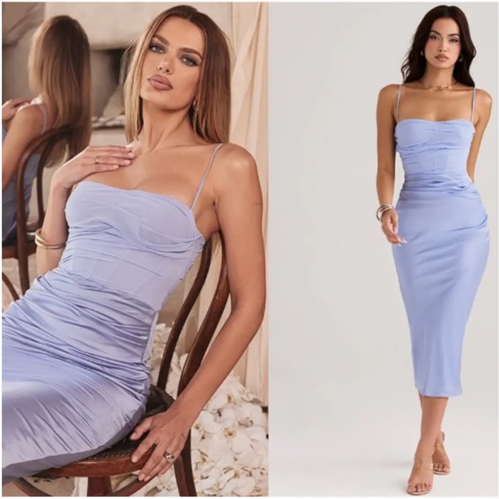 House of CB Teia Sky Draped Corset Midi Dress Blue Small